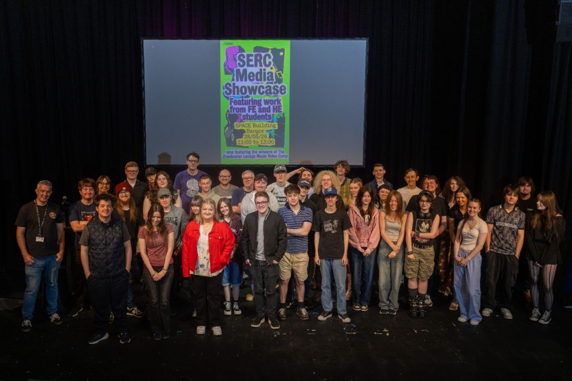 Creative media students on stage at Media Showcase
